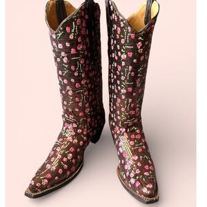 Tanner Mark NWB Sequin Floral Cowboy Boots 7.5 Brown Pink Western Snip Toe